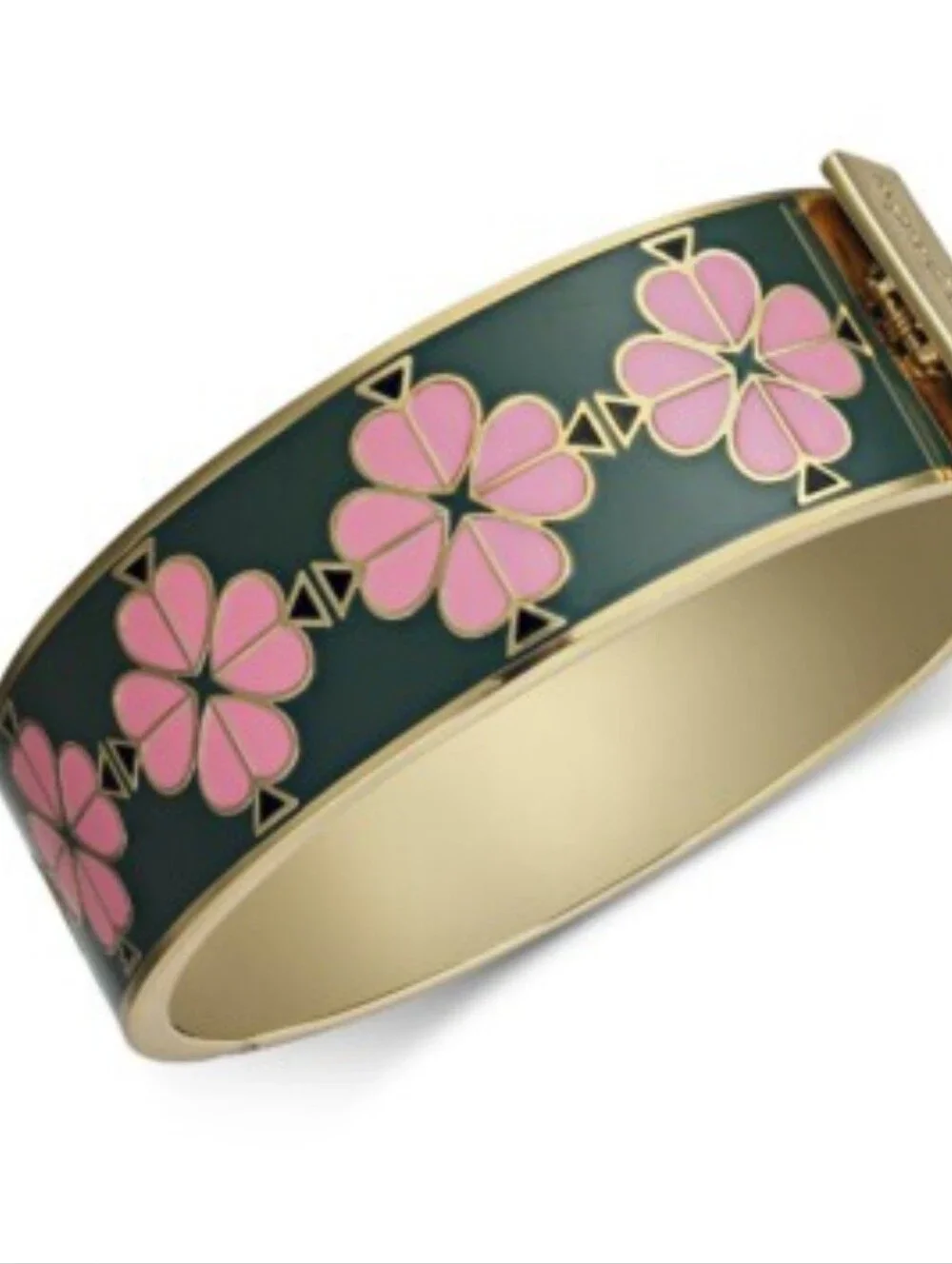 Kate Spade Gold-Tone Black Enamel Hinged Bangle with Pink Floral Motif NWOT - Picture 2 of 3